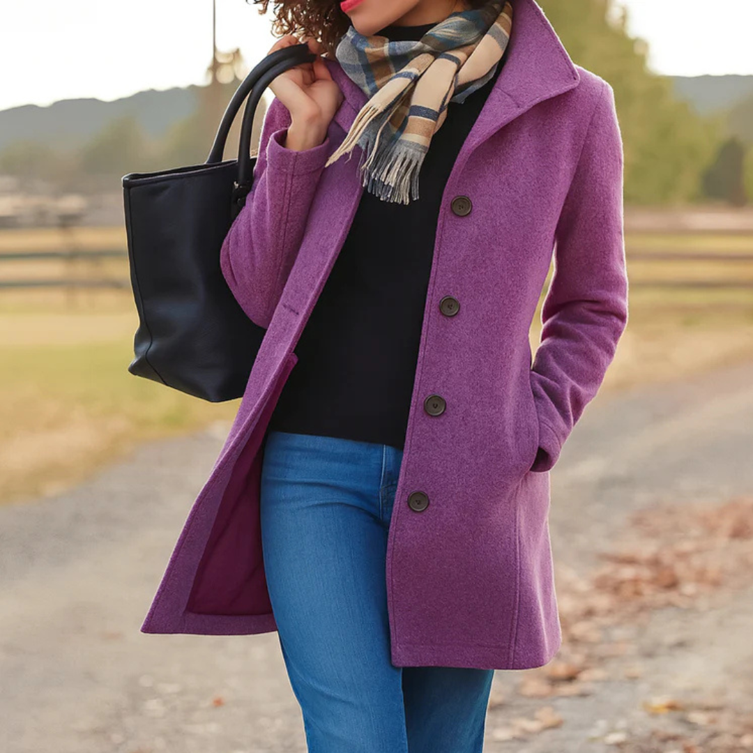 Purple single-breasted coat with notched lapel and dark button front
