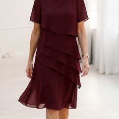 Burgundy ruffle dress with layered tiers, short sleeves, chiffon look, knee length