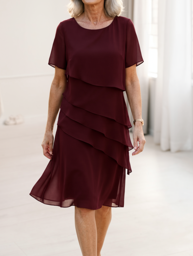 Burgundy ruffle dress with layered tiers, short sleeves, chiffon look, knee length