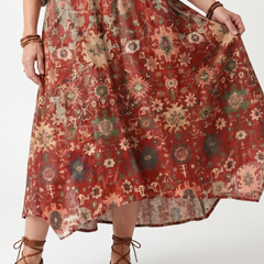 Women's mixed-print midi dress, red and beige floral skirt and hem detail