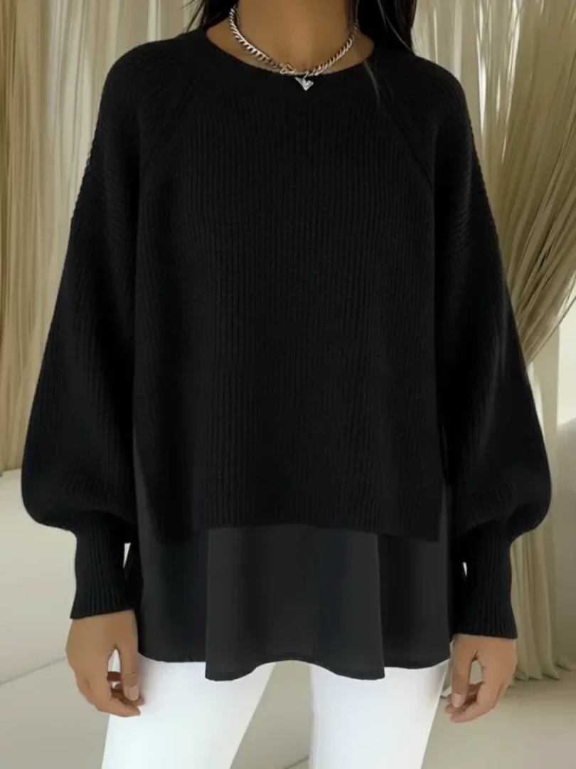 Black layered-look sweater with ribbed knit and wide sleeves