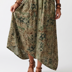 Green printed midi dress close-up: button placket, V-neck, draped skirt, pockets
