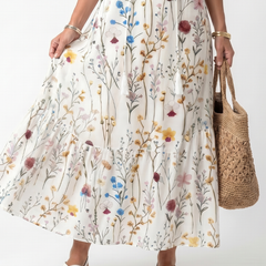 Botanical print midi dress with flowing gathered skirt, multicolor floral stems on white