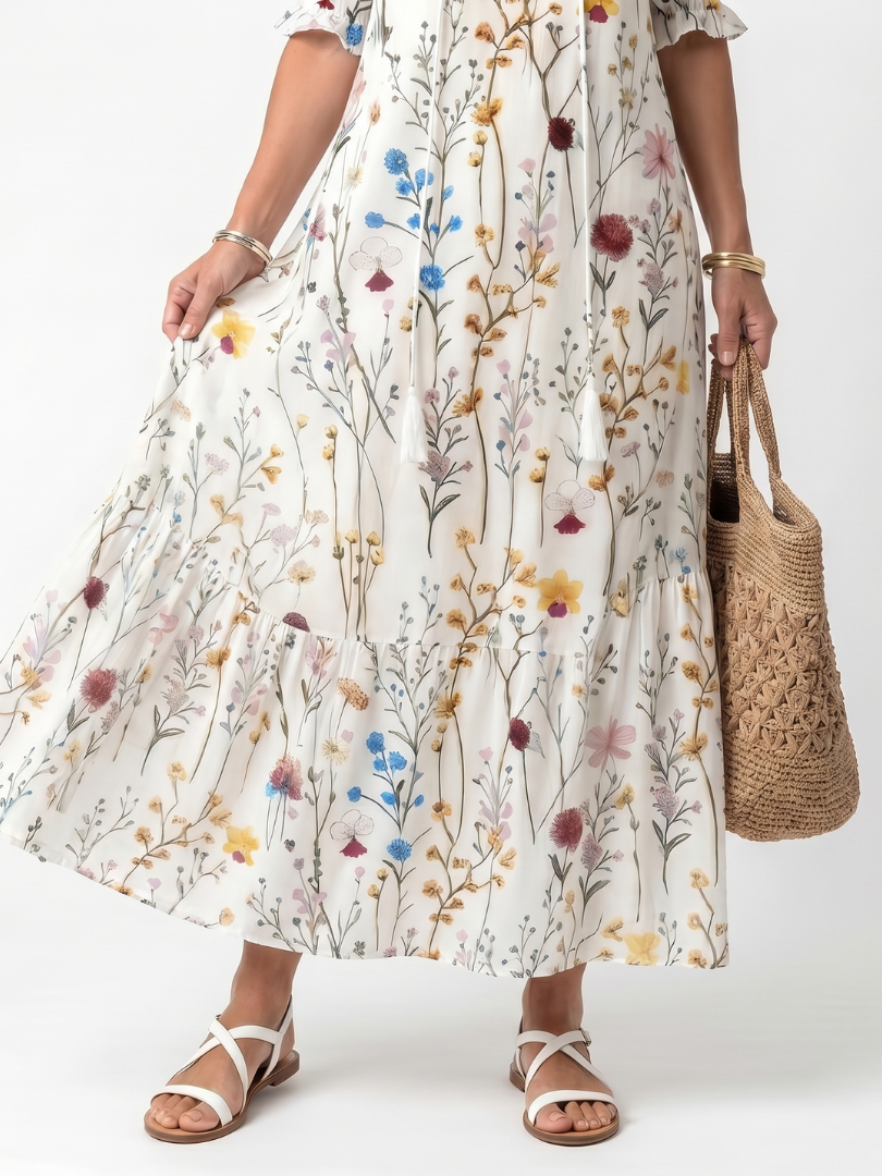 White botanical print midi dress hem with tiered gathers and flutter sleeves