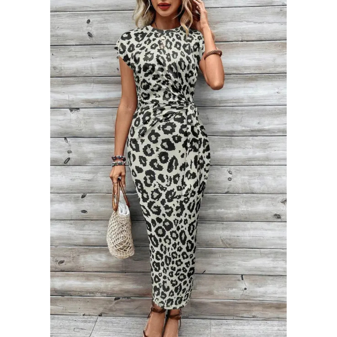 Leopard print bodycon midi dress with crew neck flutter sleeves, light olive green and black.