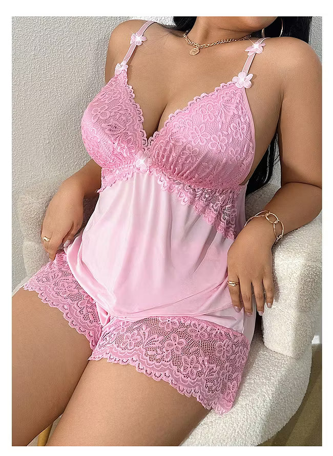 Pink lace-trim cami pajama set with lace straps and scalloped hem shorts