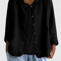 Lightweight button-front shirt jacket in black with stand collar and 3/4 sleeves