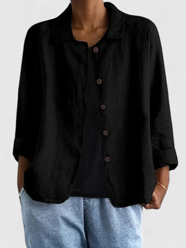 Lightweight button-front shirt jacket in black with stand collar and 3/4 sleeves