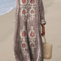 Mauve-gray boho maxi dress with red-and-white folk embroidery, V-neck, long sleeves.