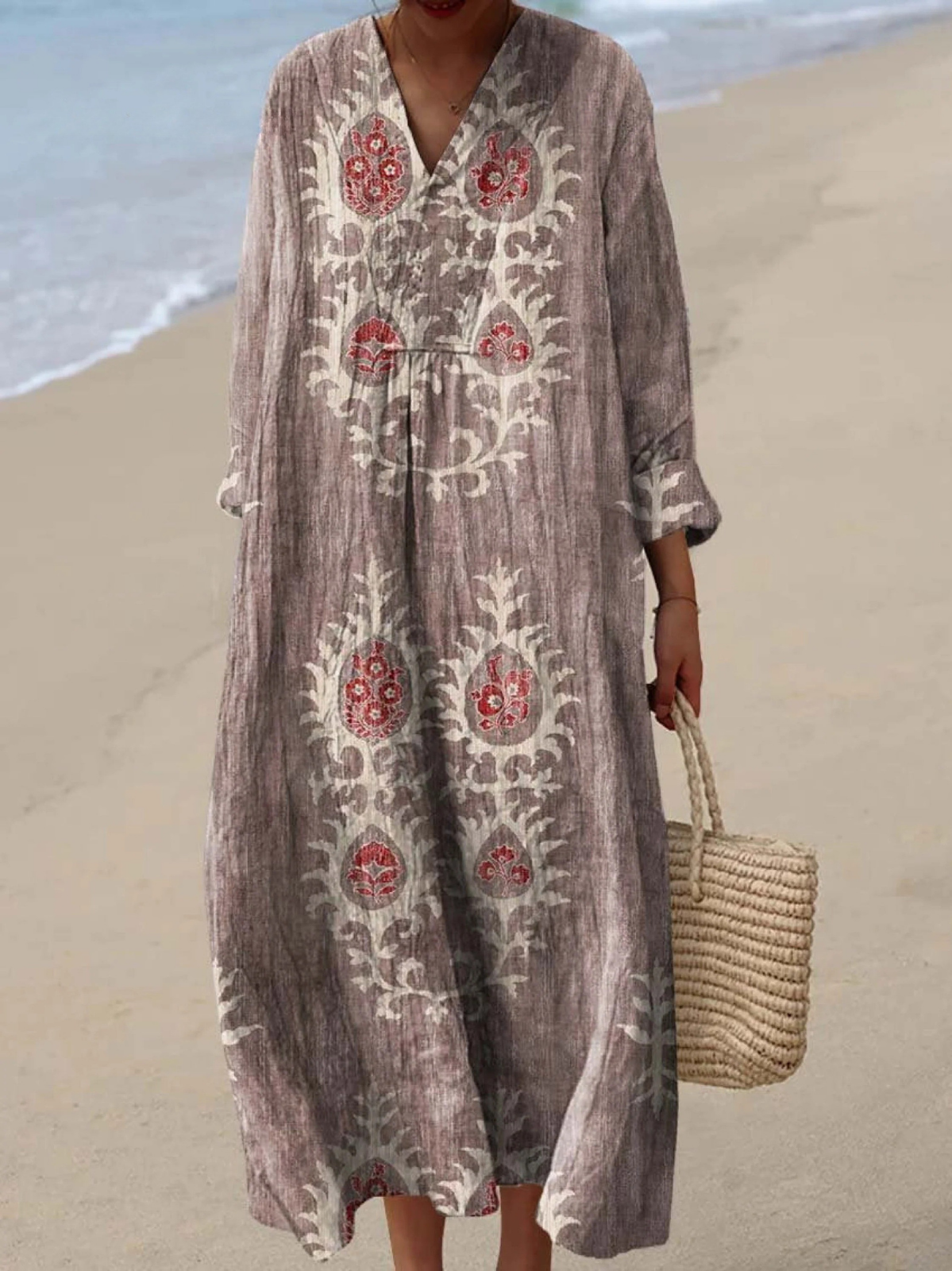 Mauve-gray boho maxi dress with red-and-white folk embroidery, V-neck, long sleeves.