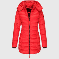 LIORAH long down jacket in red with hood and full front zipper.