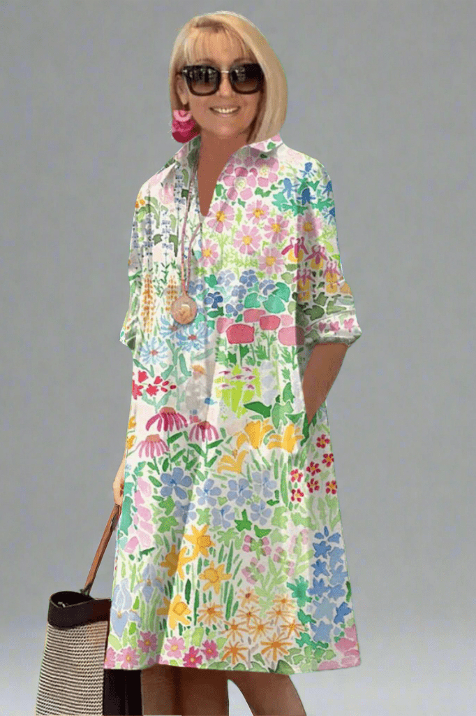 Floral midi shirt dress with button front, collar, and three-quarter sleeves