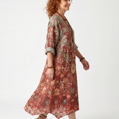 Women's mixed-print midi dress with pockets, side view, red and beige floral pattern