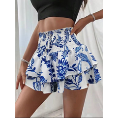 Blue and white floral tiered skort with shirred elastic waistband and ruffle layers