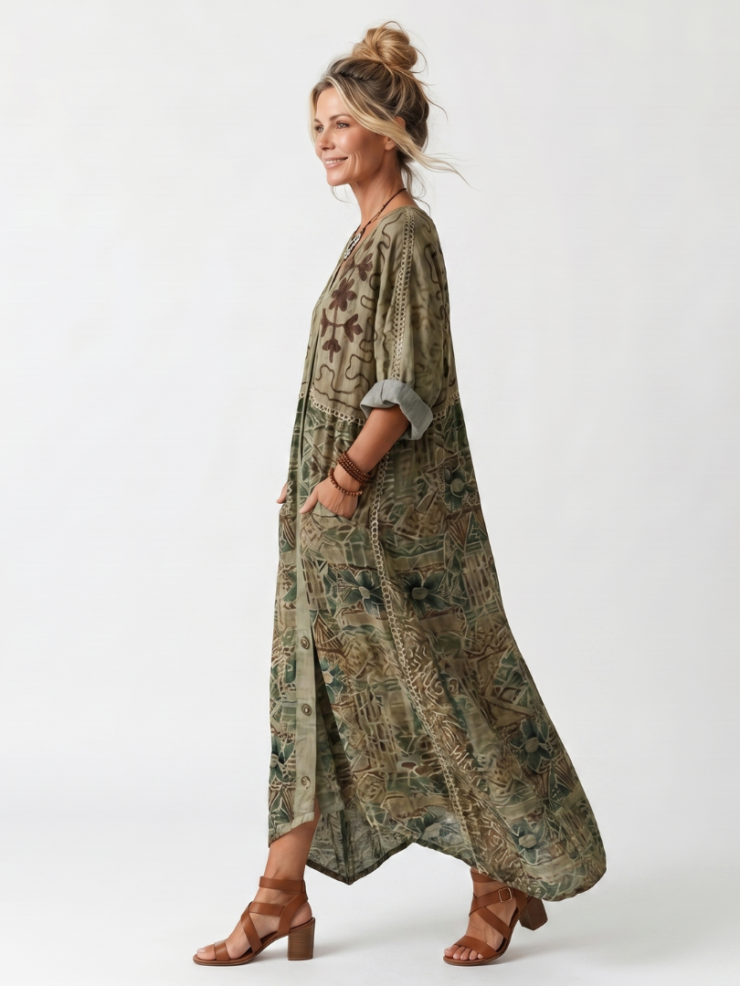 Green printed button-front midi dress with V-neck and side pockets, side view