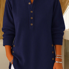Navy button henley tunic with long sleeves and button-front placket