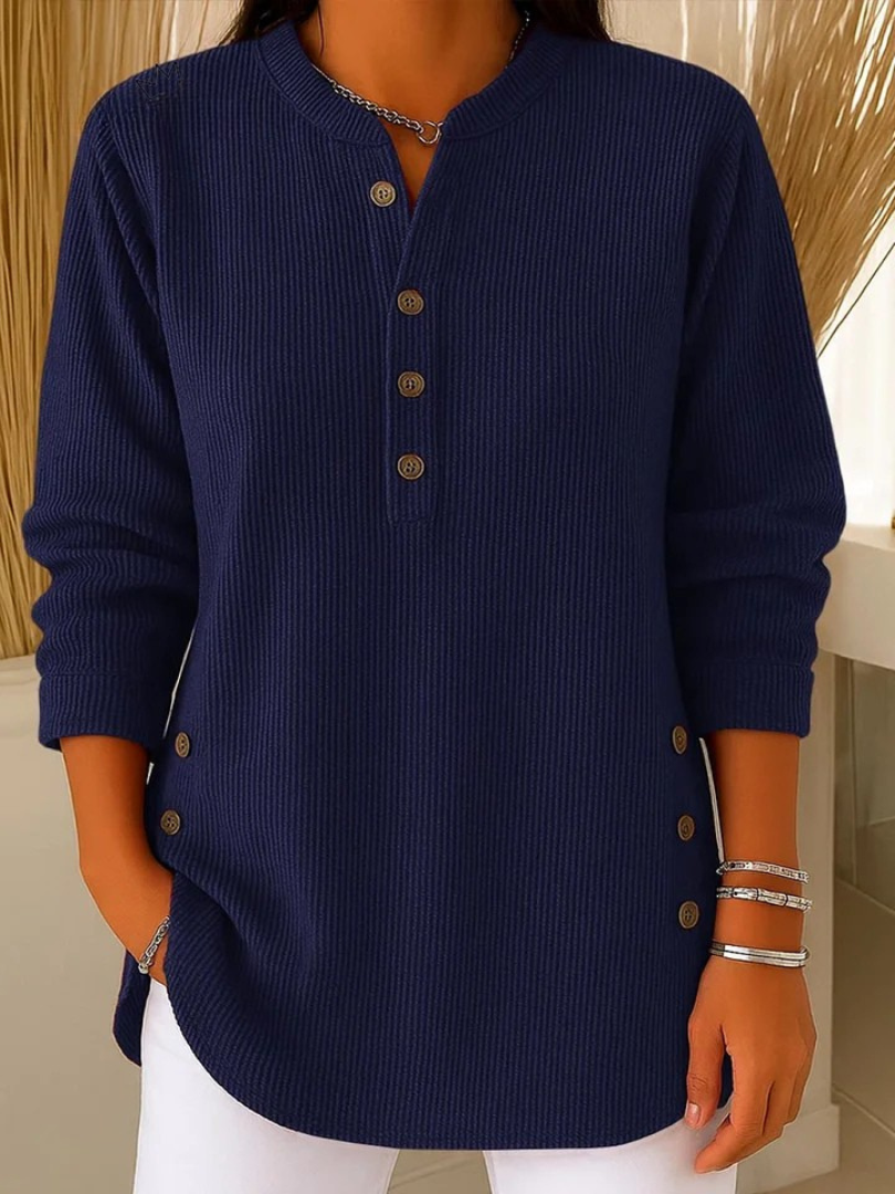 Navy button henley tunic with long sleeves and button-front placket