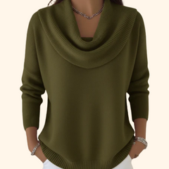 Green cowl-neck sweater with long sleeves and ribbed hem and cuffs.