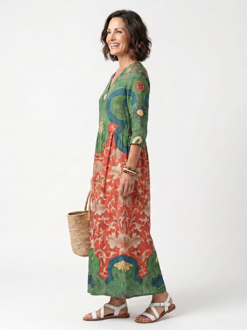 Multicolor botanical print V-neck midi dress, side view with 3/4 sleeves