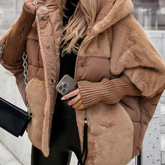 Brown plush hooded jacket with front zipper, drawcord hem, and ribbed cuffs