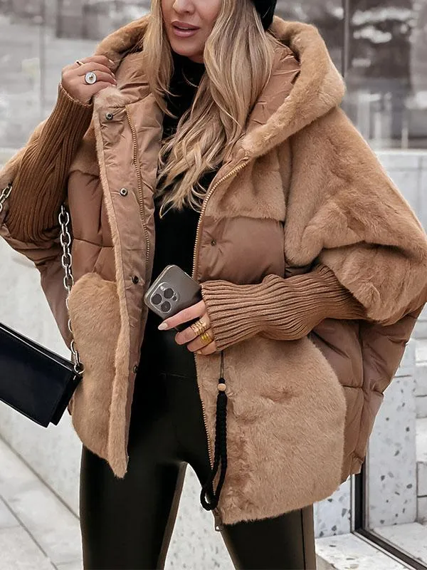 Brown plush hooded jacket with front zipper, drawcord hem, and ribbed cuffs