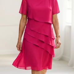 Hot pink ruffle dress with layered tiers, short sleeves, chiffon look, knee length