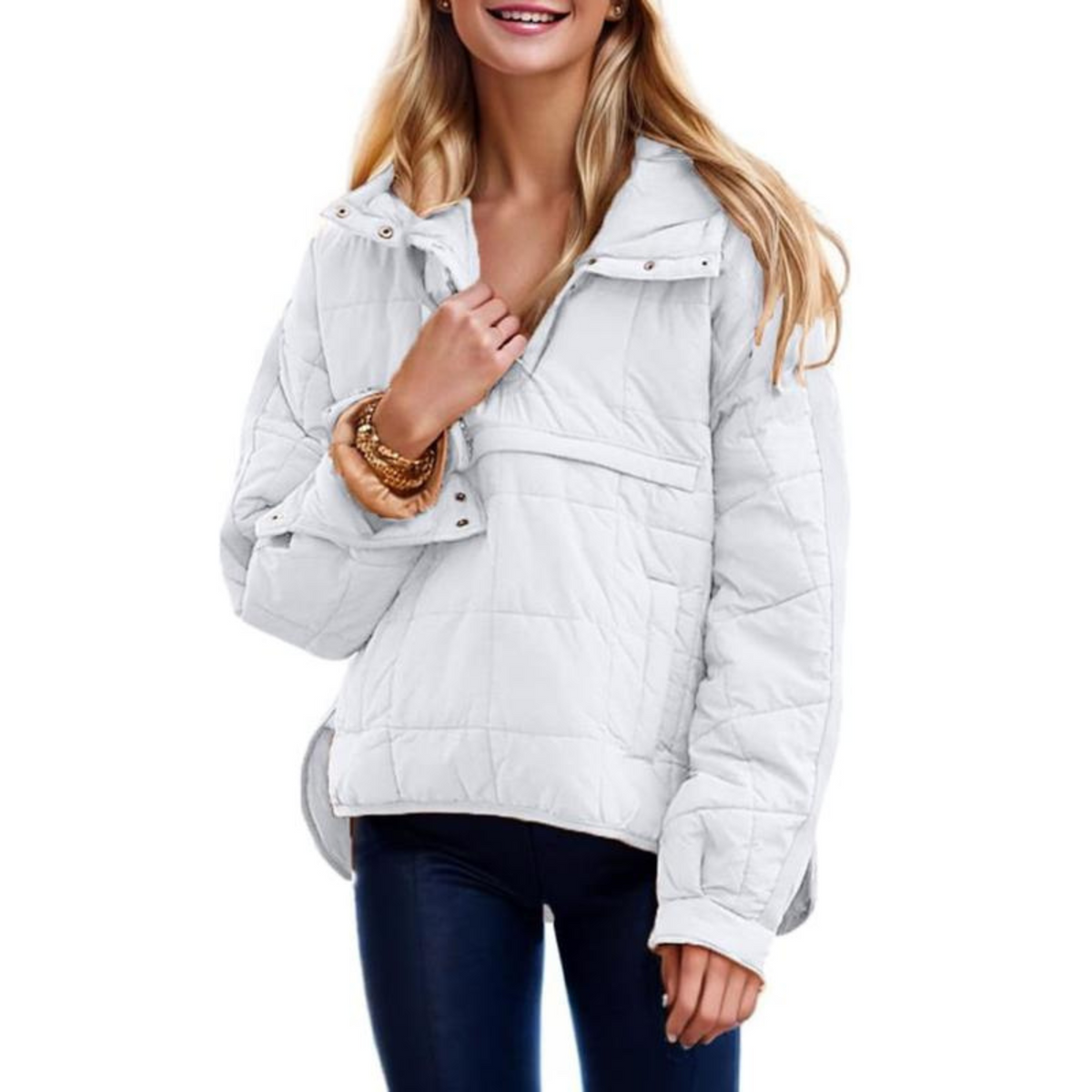 White oversized hooded pullover jacket with button placket and chest pockets