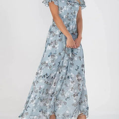 Light blue floral maxi dress with short flutter sleeves and V-neck bodice