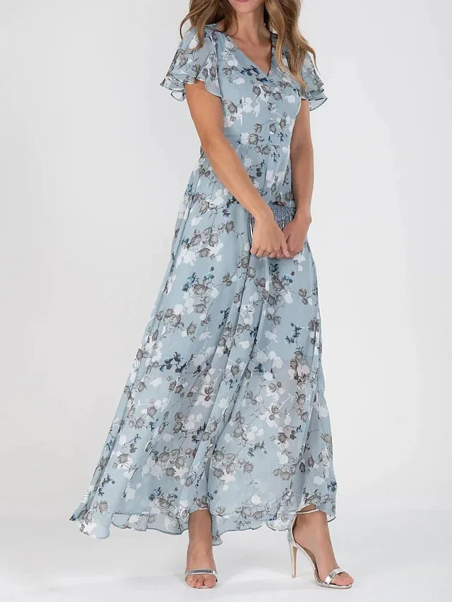 Light blue floral maxi dress with short flutter sleeves and V-neck bodice