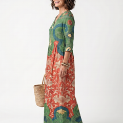 Multicolor mixed-print V-neck midi dress, elbow sleeves and A-line skirt