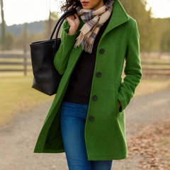Moss green single-breasted coat with notched lapel and dark button front