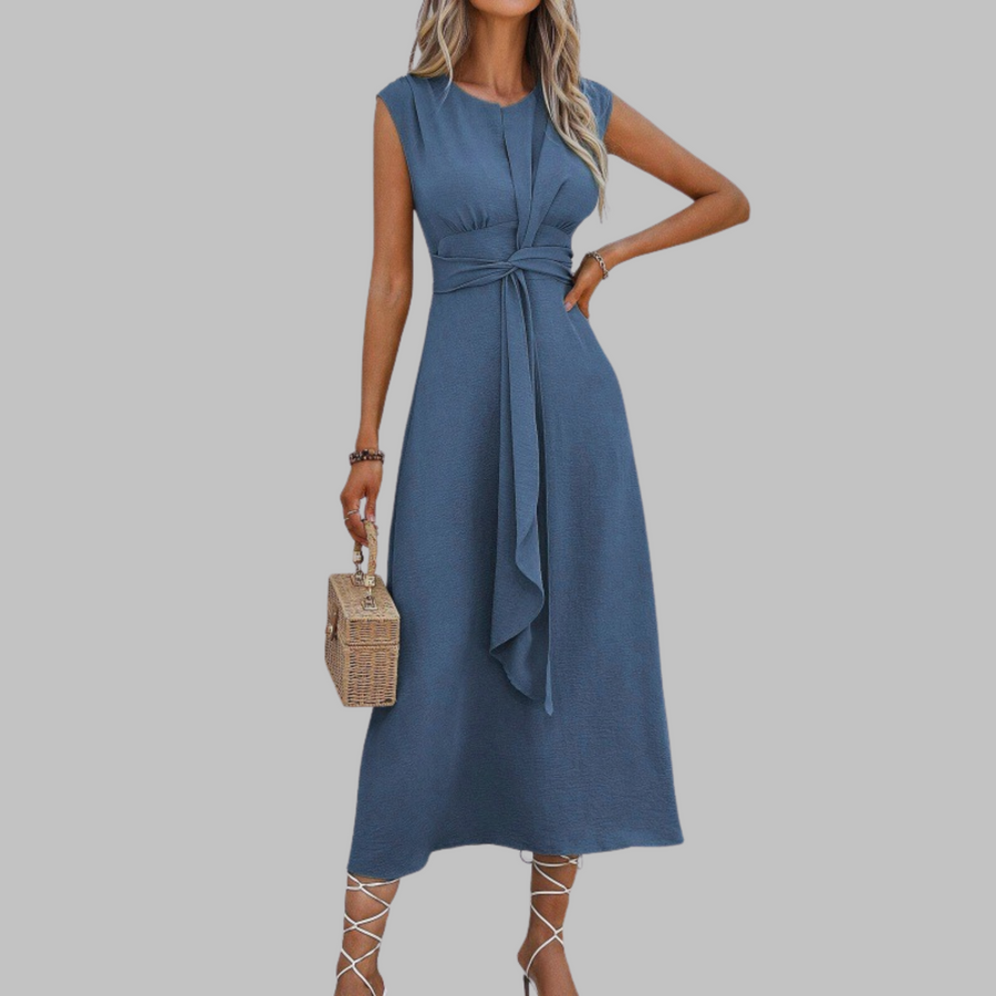 Blue sleeveless round-neck maxi dress with waist tie and draped skirt