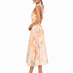 Halter watercolor maxi dress in orange and blue floral print, sleeveless fitted waist
