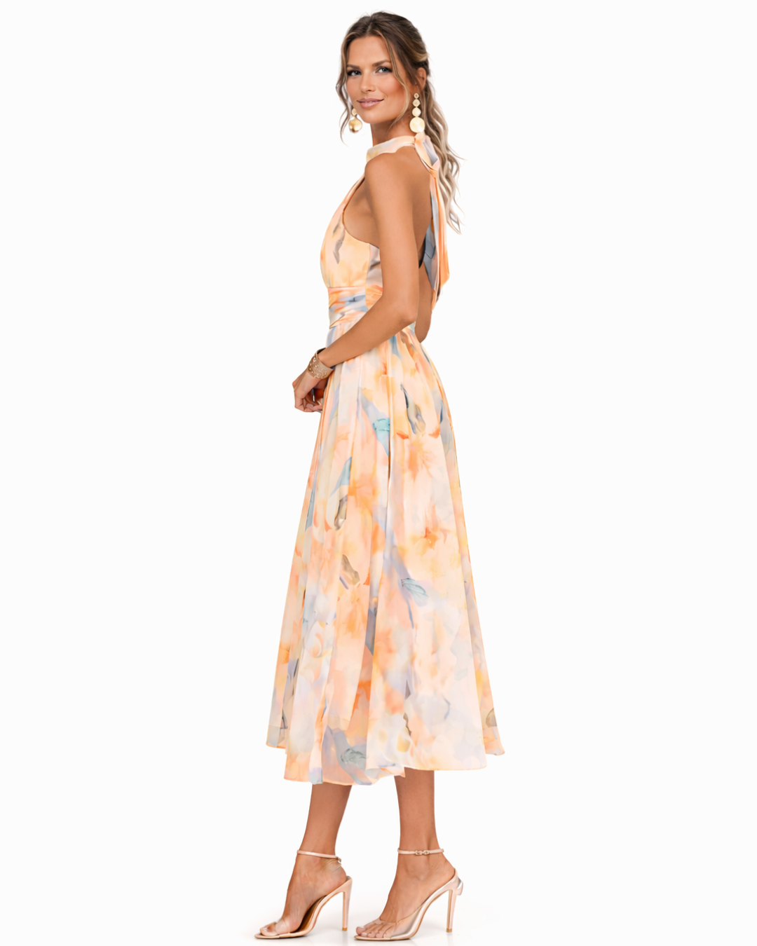 Halter watercolor maxi dress in orange and blue floral print, sleeveless fitted waist