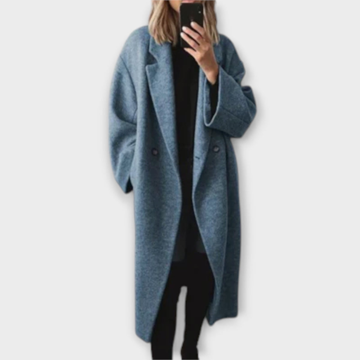 DAISY timeless elegant coat, blue long wool with notch lapel and button front