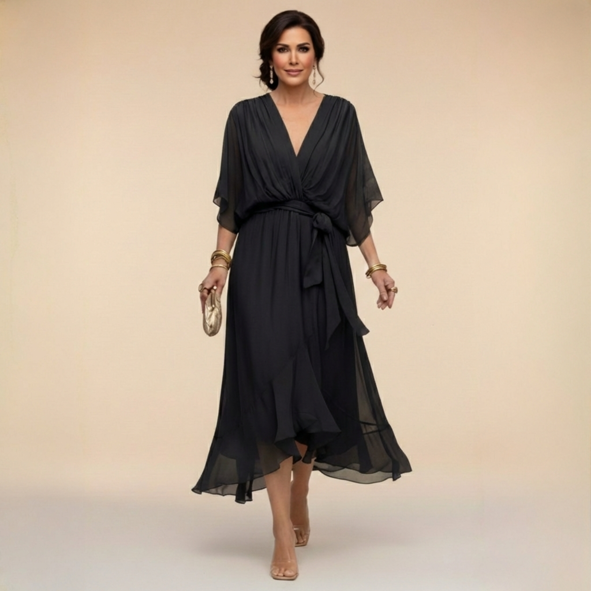 Black V-neck tie-waist midi dress with draped flutter sleeves and layered chiffon skirt