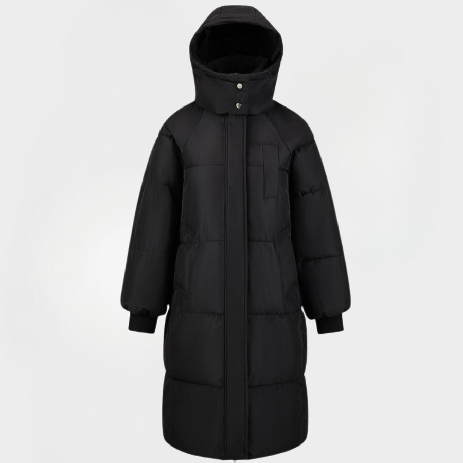 Women's long hooded puffer coat in black, full zip, front pockets.