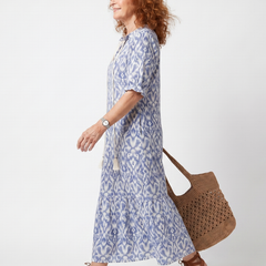 Blue printed tie-neck midi dress, side view, short sleeves