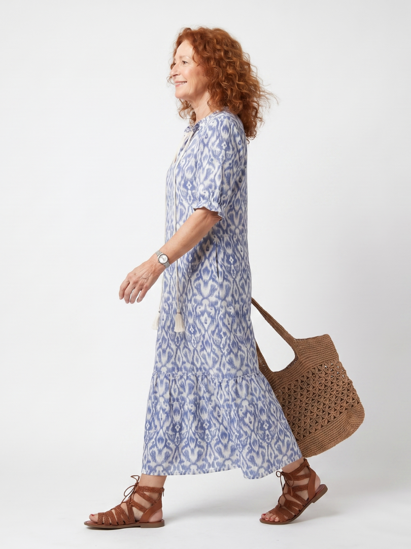 Blue printed tie-neck midi dress, side view, short sleeves