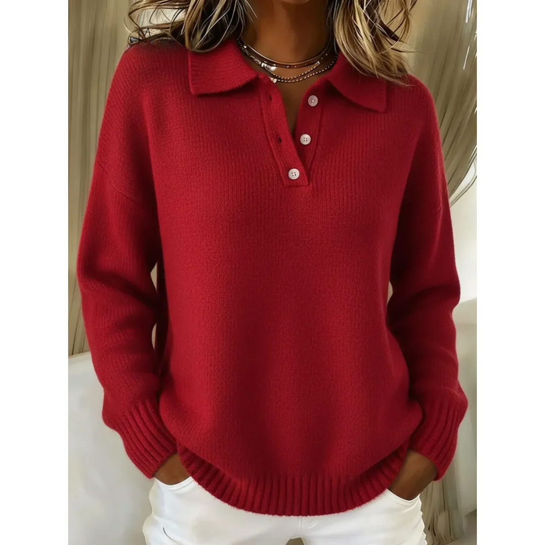 Cozy comfort jumper in red knit, button-front henley with ribbed cuffs