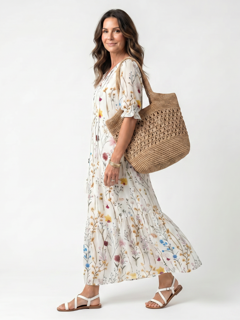 White botanical midi dress with tie-neck, gathered skirt flare, side view