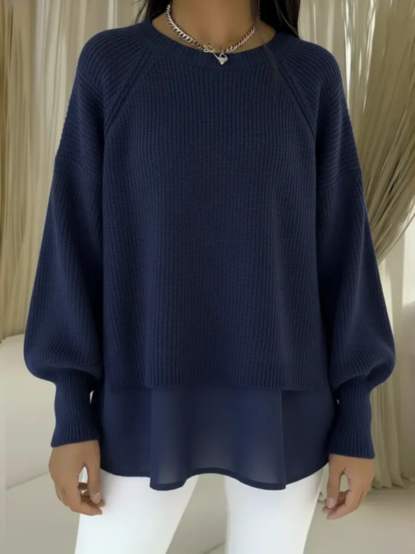 Navy layered-look sweater with ribbed knit and wide sleeves