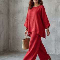 Red tunic and wide-leg pant set with layered look, wide neckline and loose drape