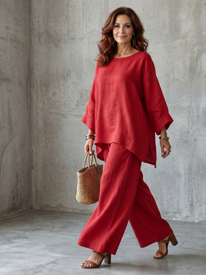 Red tunic and wide-leg pant set with layered look, wide neckline and loose drape