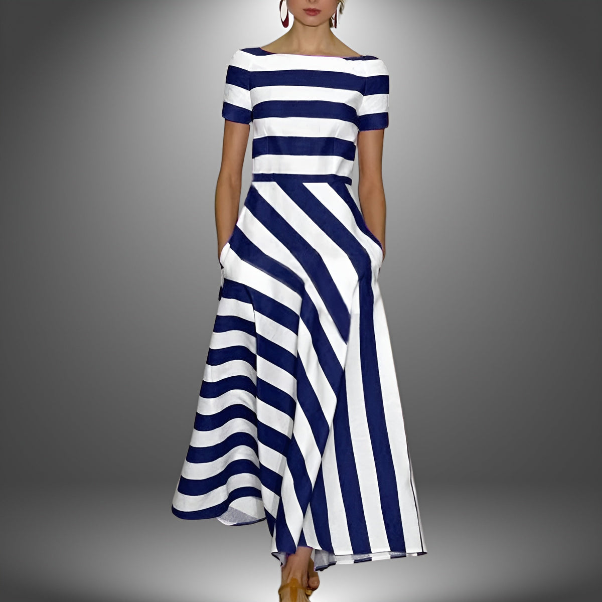 Blue-and-white striped midi dress with short sleeves and flared skirt