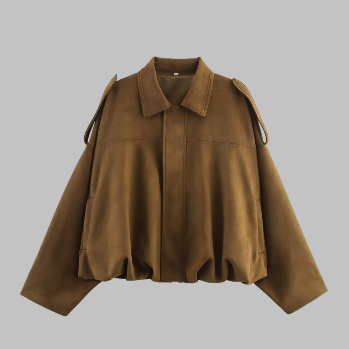 Loose military jacket in olive brown with turn-down collar and zip front