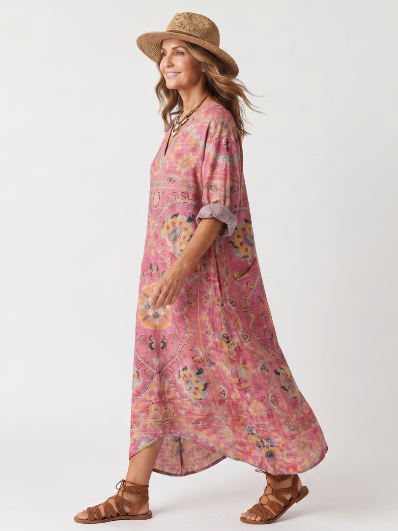 Relaxed pocket midi dress with pink abstract print, V-neck, short sleeves, flowy hem
