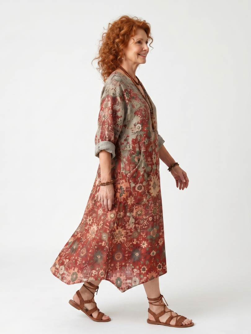 Multicolor floral relaxed midi dress with loose sleeves, draped hem, and V-neck