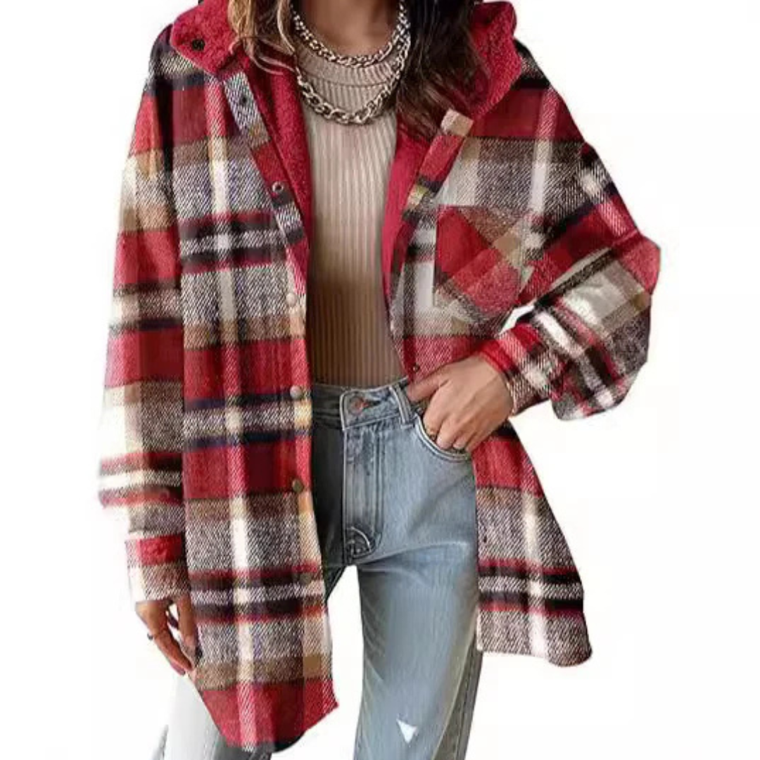 Relaxed-fit hooded plaid jacket in red, white, and black with button front