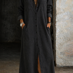 Black button-through denim maxi dress with collar, chest pockets, and long sleeves